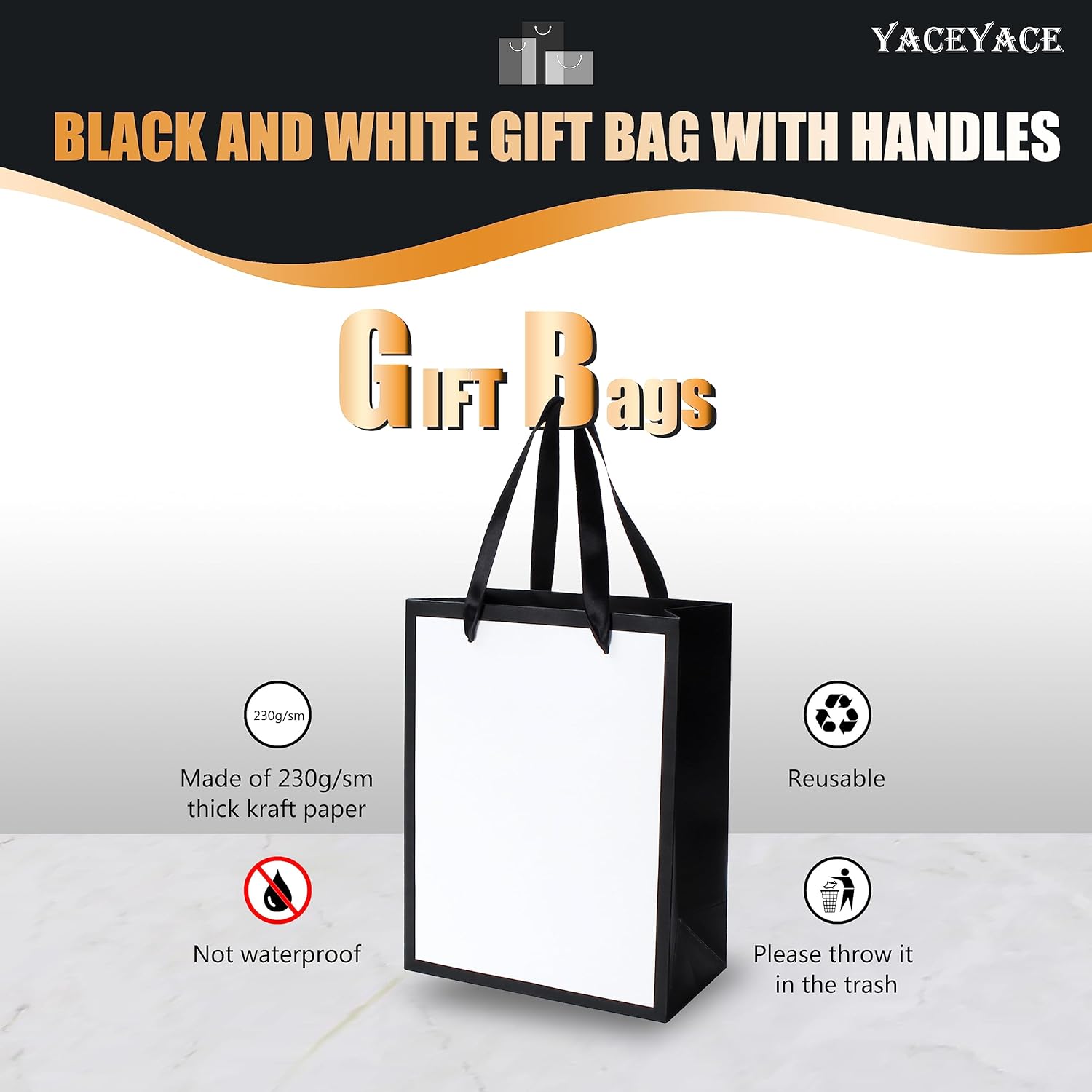 YACEYACE Black and White Gift Bags with Tissue Paper, 20pcs 8"x10"x4.25" Medium Bags, Elegant for Boutique, Retail, Party - Image 5