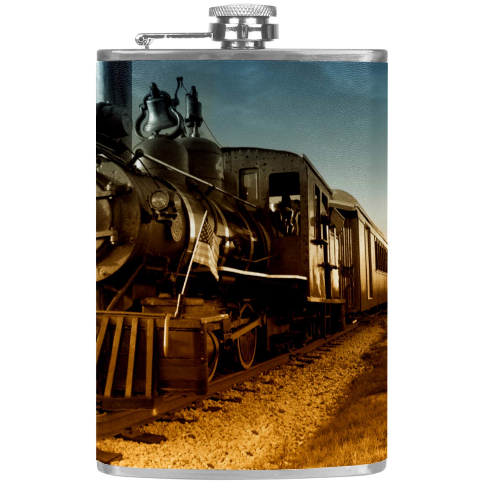 Flasque à whisky en cuir style vintage gravure locomotive bouteille de poche chic