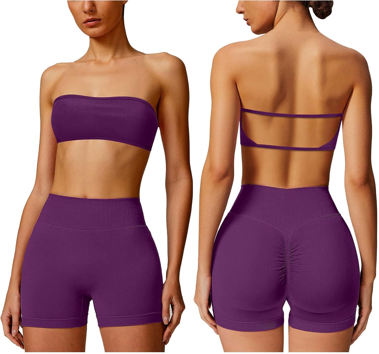 ABOCIW Workout Sets for Women Backless Bandeau Sports Bra Seamless Scunch Butt Lifting High Waist Biker Shorts Gym Set