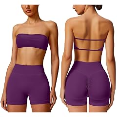 ABOCIW Workout Sets for Women Backless Bandeau Sports Bra Seamless Scunch Butt Lifting High Waist Biker Shorts Gym