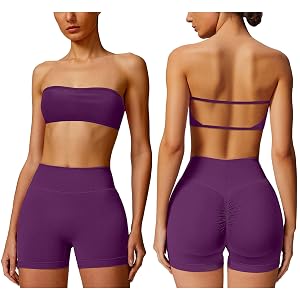 ABOCIW Workout Sets for Women Backless Bandeau Sports Bra Seamless Scunch Butt Lifting High Waist Biker Shorts Gym