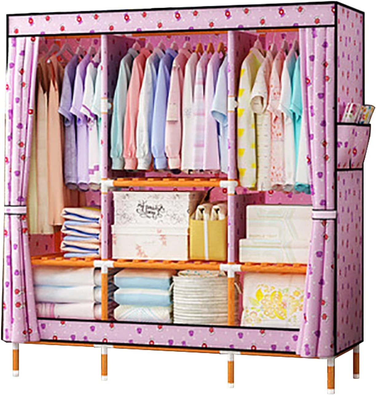 Pink Wardrobe,Simple Fabric Canvas Cupboard Large Bedroom Storage Organizer Multifunction Clothing Organizer Shelves with Side Pockets(Size:170 * 120CM) (A 170 * 146CM)