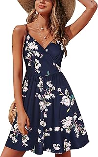 STYLEWORD Women's V Neck Floral Spaghetti Strap Summer Casual Swing Dress with Pocket