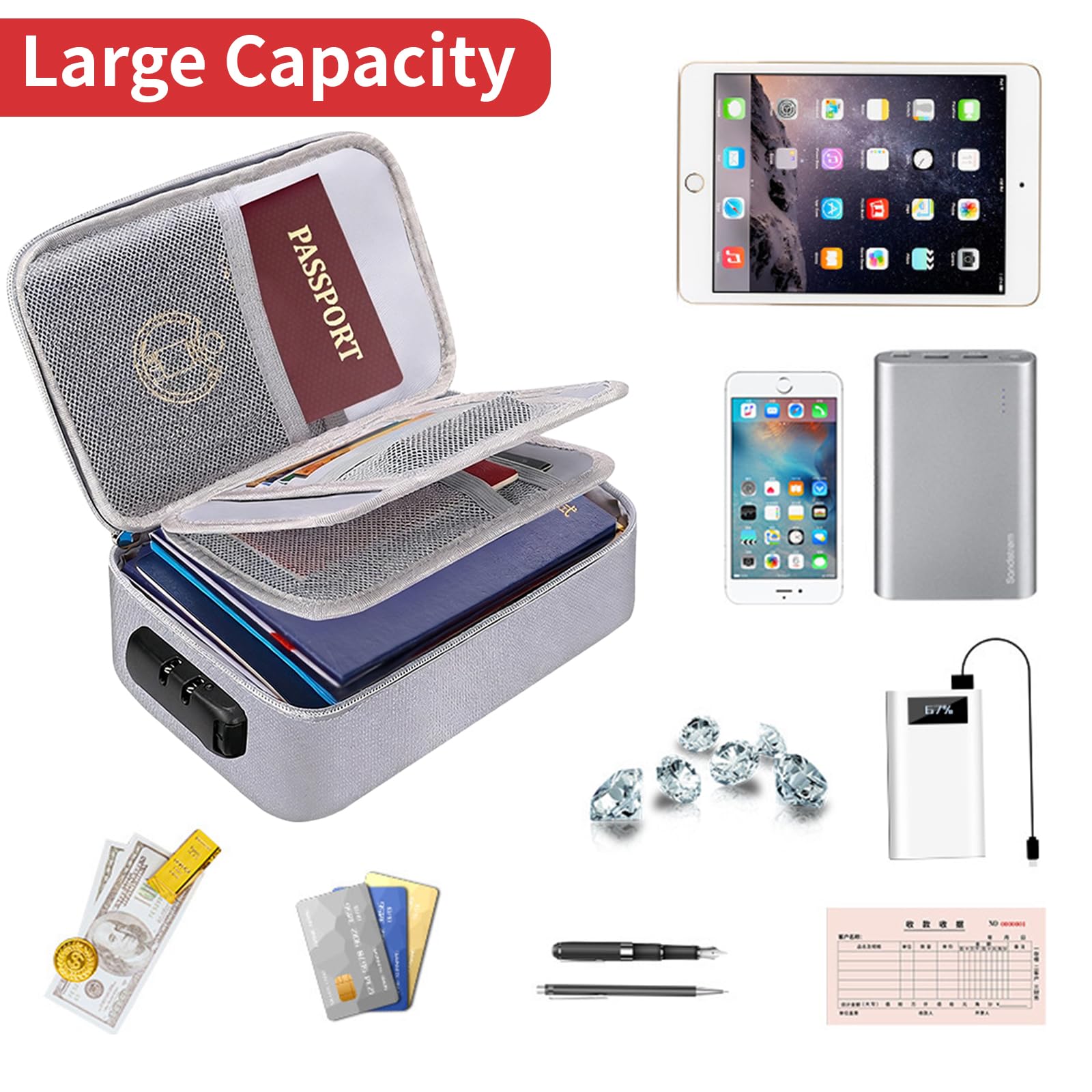 OUKENS Bolsa de Archivo ignífugo con candado, 24x14x7cm Billetera con candado Combinado Maletín Impermeable ignífugo para Pasaporte, Dinero, Certificados, Contratos y Objetos de Valor (Plateado)