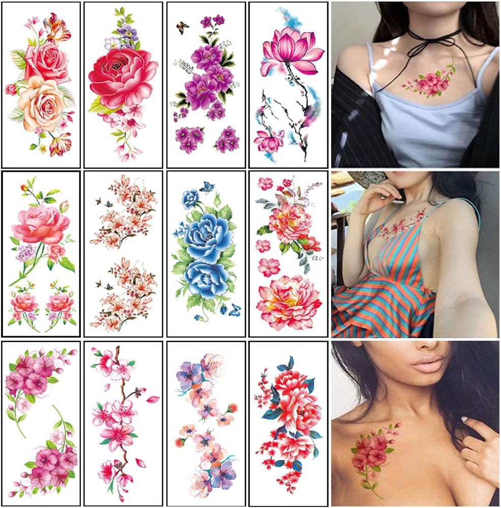 JacknbFlower Temporary Tattoos for Women Adults Color Rose Floral Body Tattoo Stickers Large Sexy Realistic Fake Tattoo Waterproof Arm Leg Chest Back Temp Tattoo Paper 12 Sheets