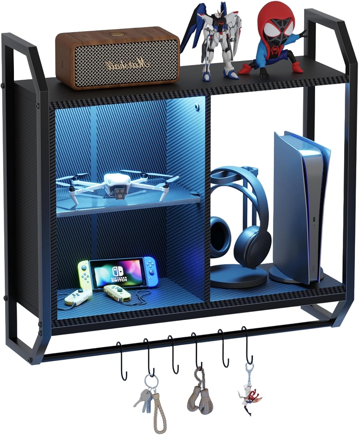 Gaming Floating Wall Shelves with Led Lights, Wall Mounted Shelf, 24" Led Lights and Adjustable Glass Bar Wine Shelf, Black Wall Shelf with 6 Hooks for Gaming Room Bedroom Living Room