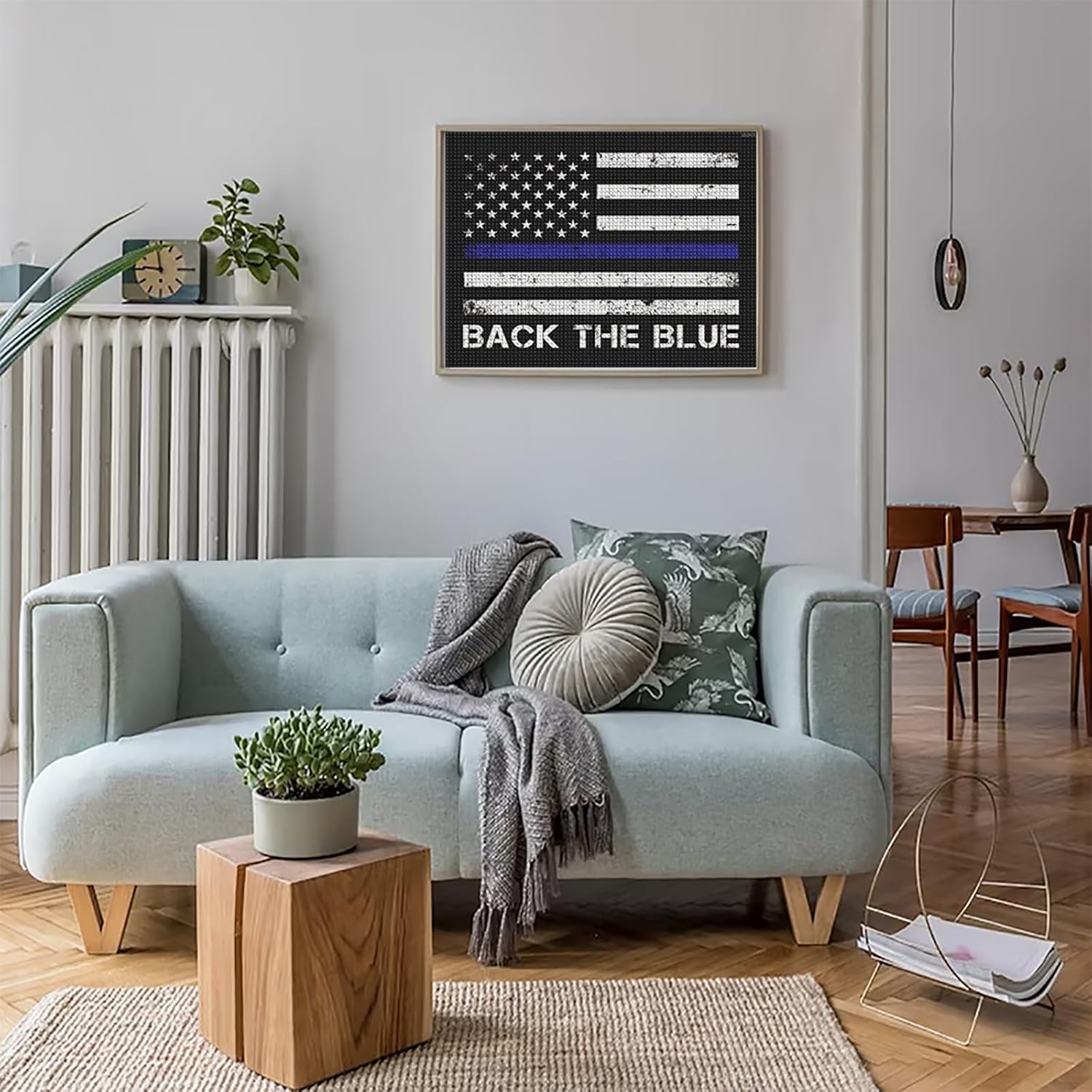 QAZWSX Police Blue Line American Flag DIY Diamond Picture Art Painting 5D Round Full Drill Diamond Dot Gem Room Decor 12x16inch