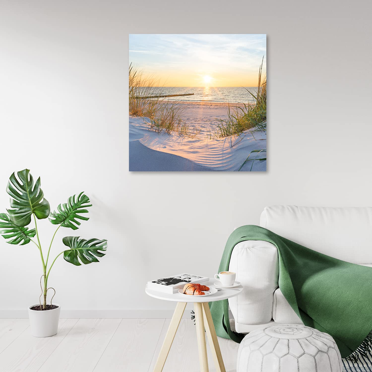 Feeby Vlies Leinwandbild Gras Steg zum Strand Sonnenuntergang 60x60 cm Druckbild Wandbild Wanddekoration Deko Wand Aesthetic Ostsee Nordsee Beige