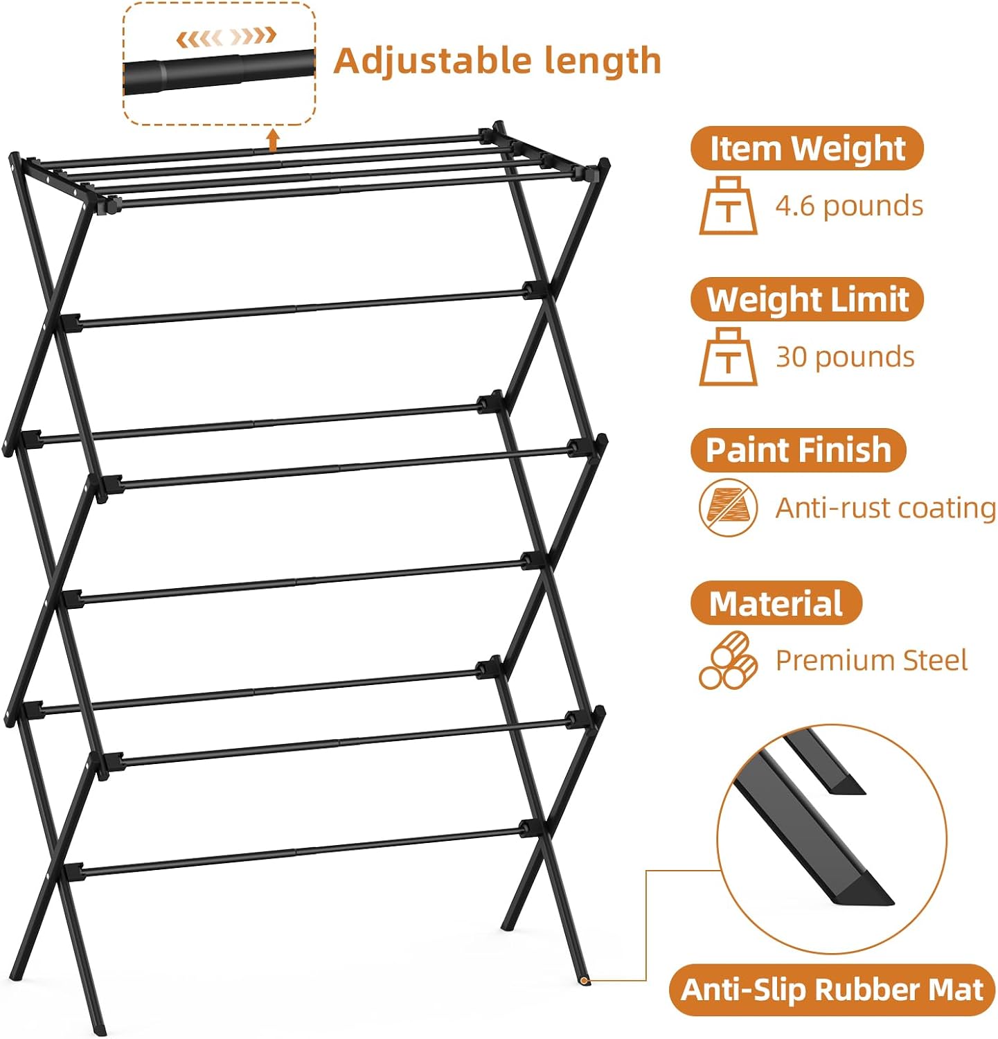 Condition photo showing New/Like New for drying rack clothing, 3-tier clothes drying rack foldable, antirust laundry drying rack collapsible use for indoor & outdoor, 11.8" d x 34.6" w x 35.4" h, black