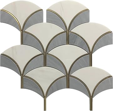 Tile & TOP Thassos Gray Shell Waterjet Mosaic, Marble Tile with Gold, Wall Floor Backsplash
