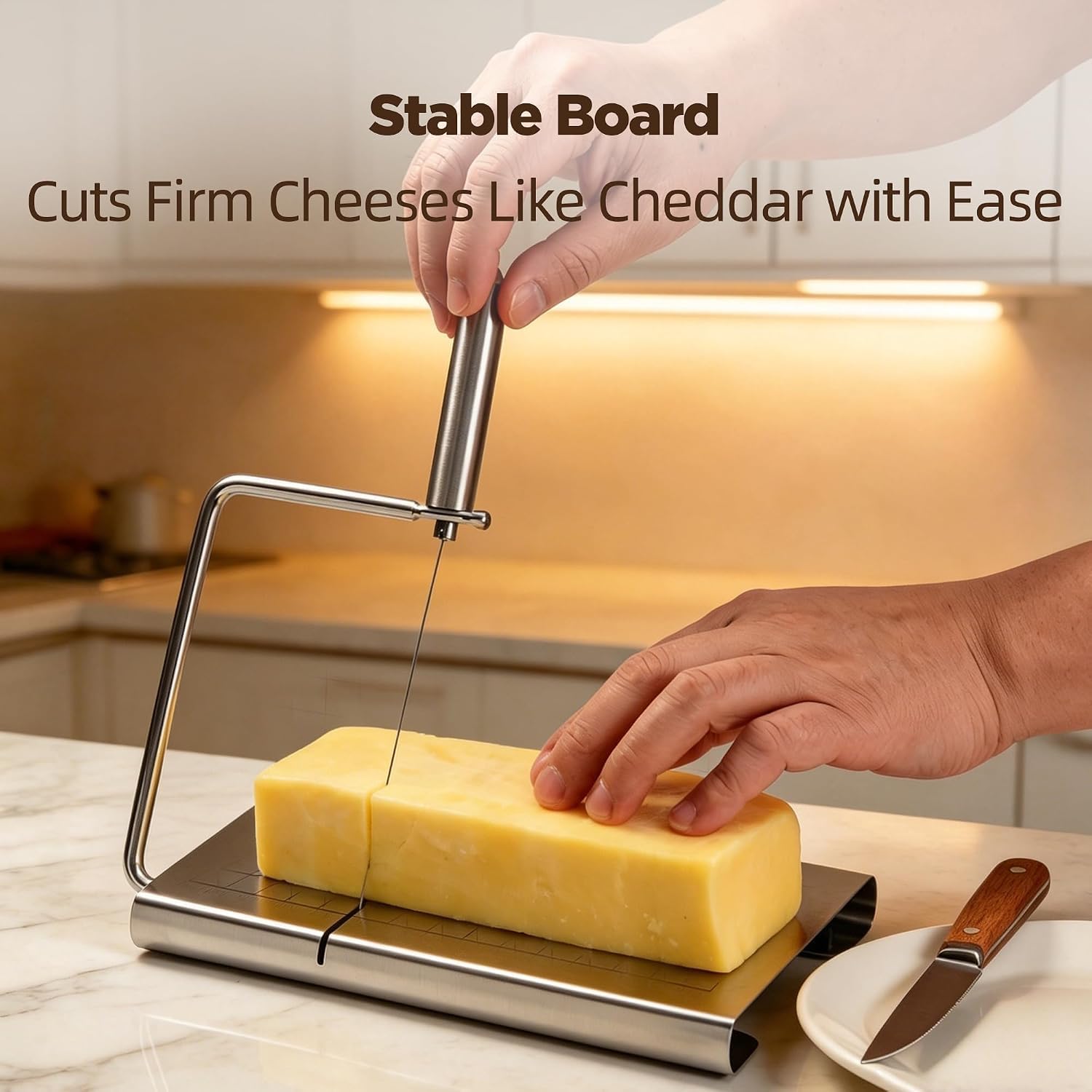 Stainless Steel Cheese Slicer with Measuring Grid, Wire Cutter Board for Block Cheese and Butter, Manual Kitchen Slicer Tool (CS-01)