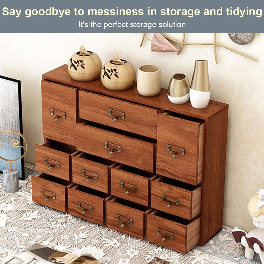 12 Drawers Apothecary Cabinet with Label Slot & Metal Handle, Tabletop Storage Box, Desk Drawer Organiser, Library Card Catalog Cabinet for Jewelry, Tea, Card, Flat File Collection