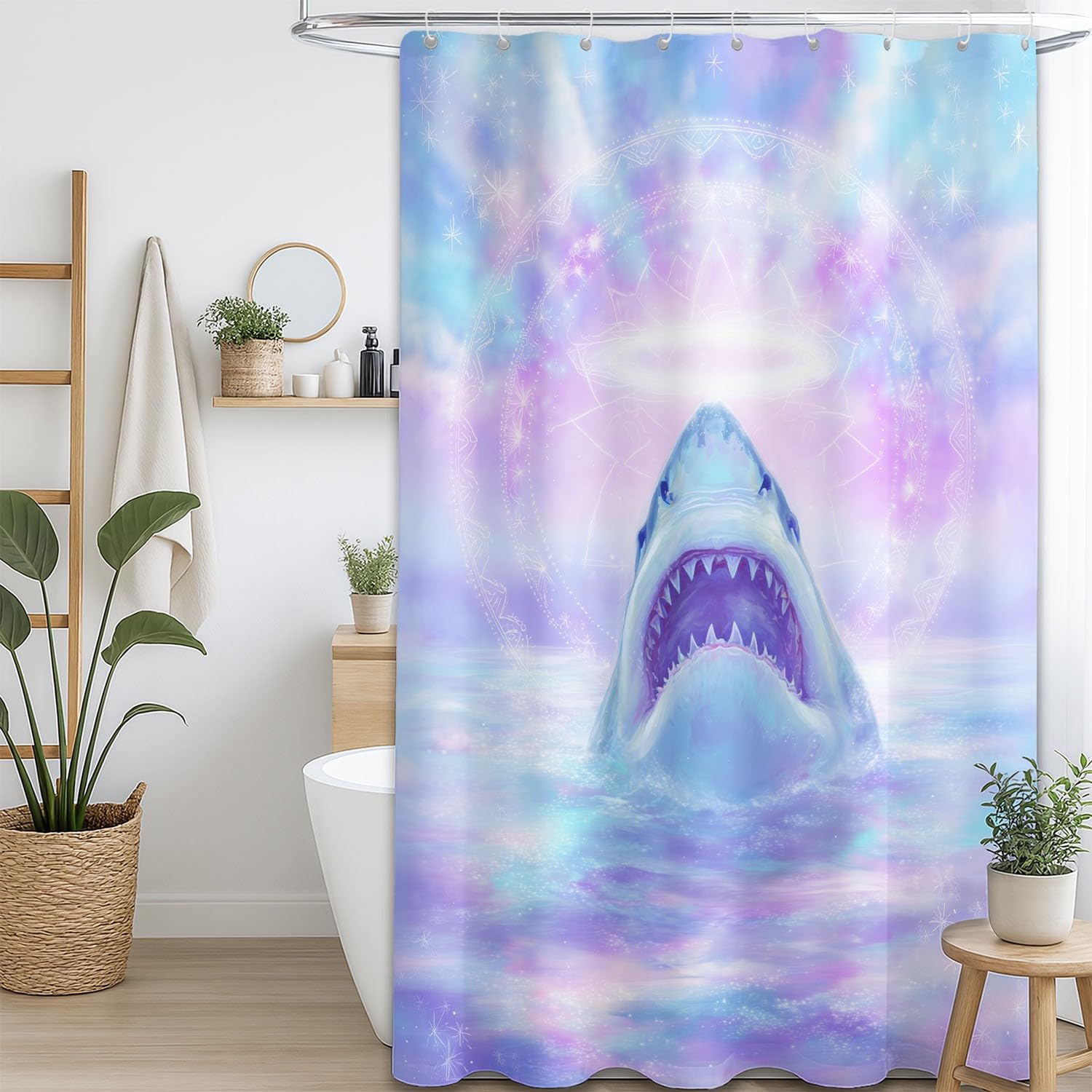 Generico Zasłona prysznicowa 3D Ocean wschodzący rekin aureola dla miłośnika zwierząt, fantastyczna róża, 200 x 200 cm wodoodporna zasłona łazienkowa z mikrofibry, odporna na pleśń, zmywalna, z