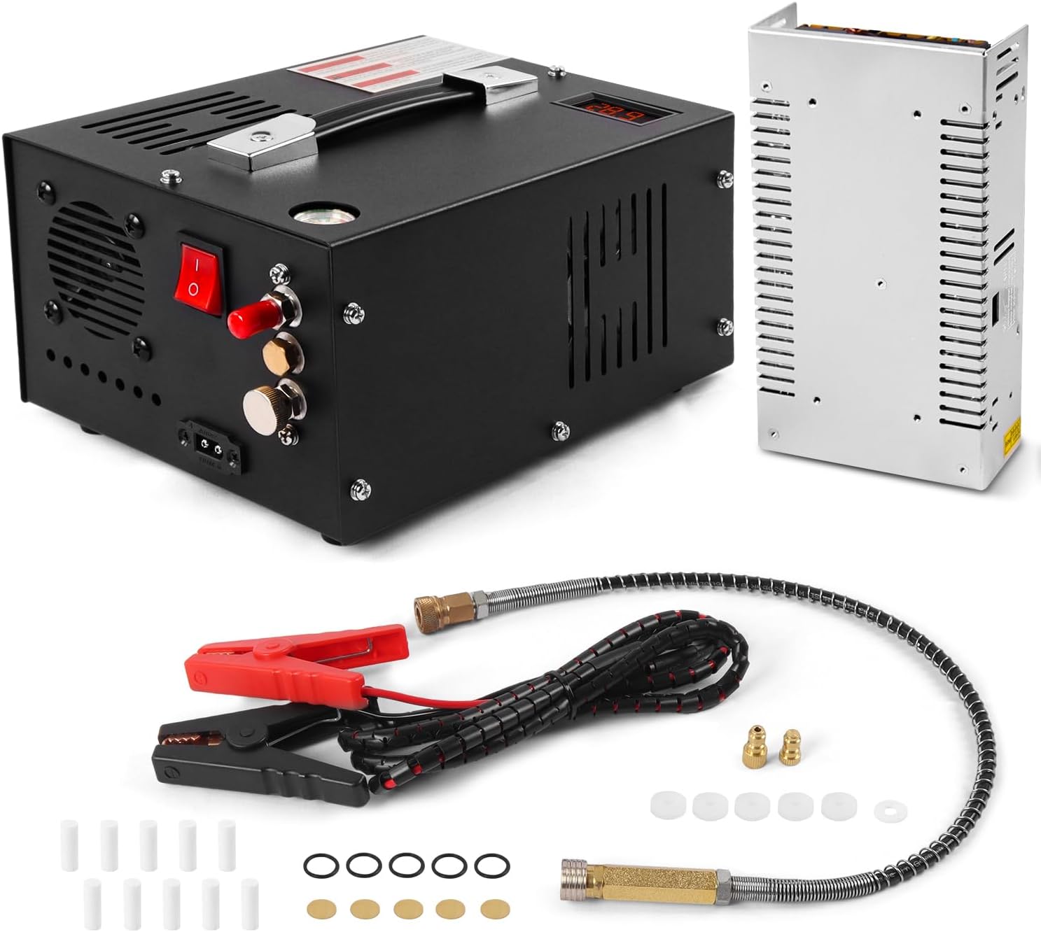350W PCP Air Compressor, 4500Psi/30Mpa, 12V DC & 110V AC, Oil/Water-Free, Burst Disc Safety Valve, Built-in Cooling Fan for Air Rifle, Paintball, Scuba Tank