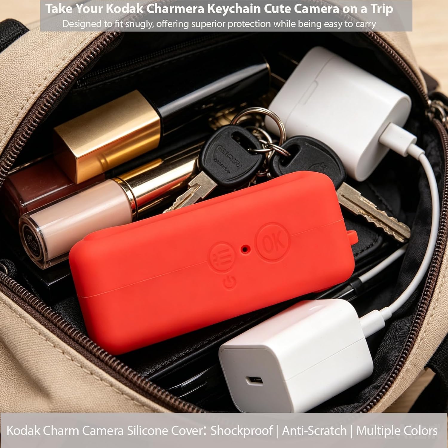 Case for Kodak Charmera Keychain Digital Camera, Soft Silicone Protective Case with Screen Protector and Wrist Strap Accessories for Kodak Blind Box Mini Camera, Anti-Scratch - Red