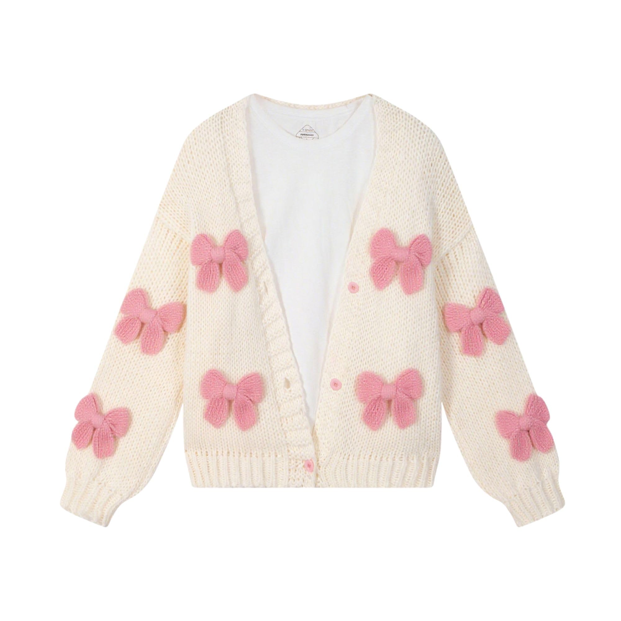 FindThy Women’s Kawaii Strawberry Embroidered Cardigan Long Sleeve V Neck Chunky Knitted Cardigans Tops