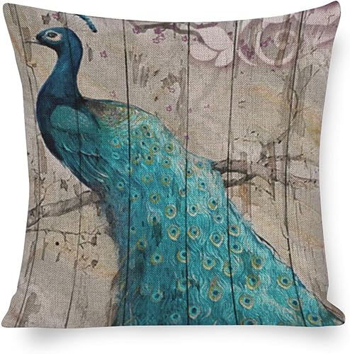 Funda de almohada de algodón y lino, estilo vintage, estilo rústico, color azul, elegante, diseño de pavo real, decorativo, cuadrada, para sofá,