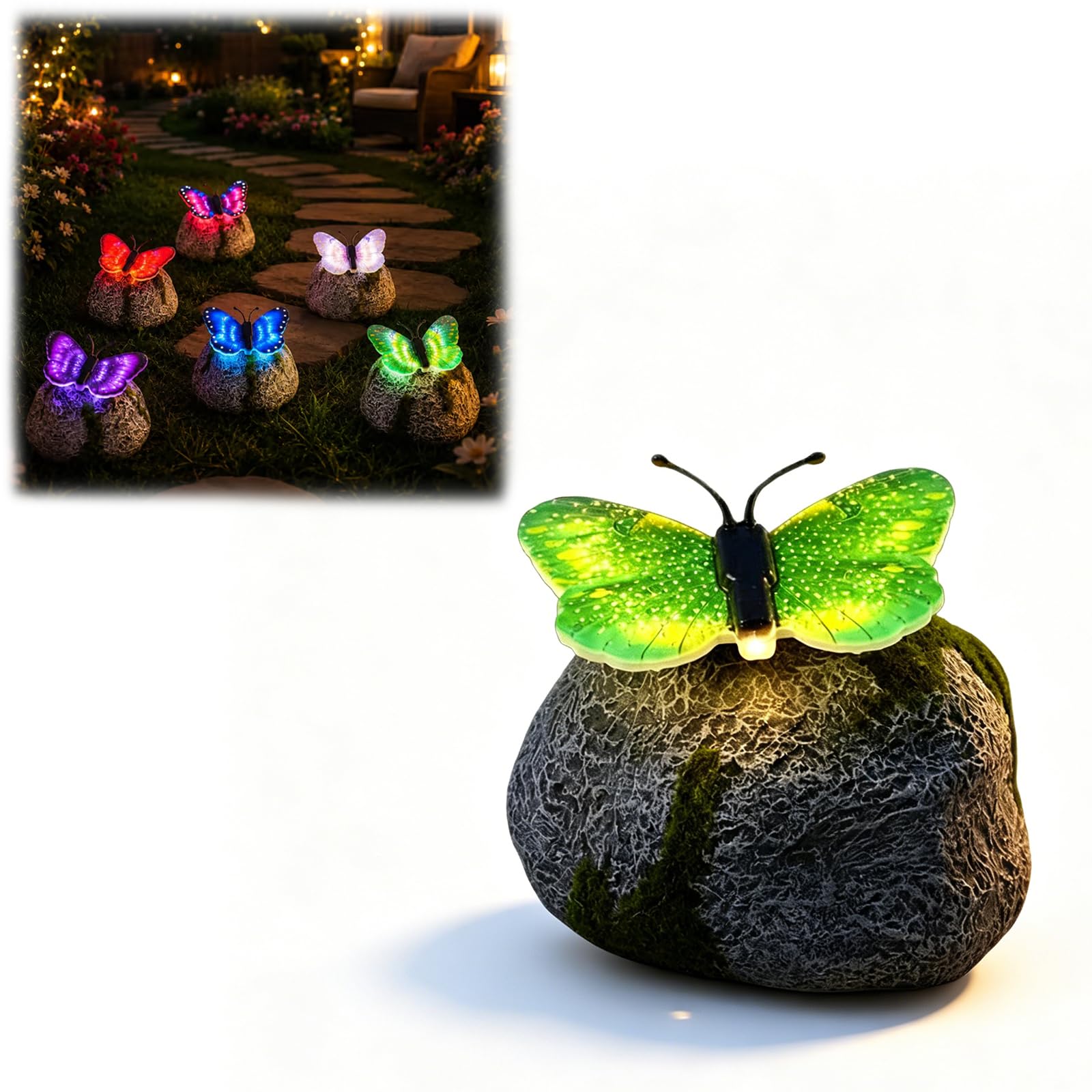 ELMVAR Illuminated Butterfly Stone Garden Light, Solar LED Powered Outdoor Decor, Waterproof Resin Butterfly Statue, Glowing Yard Ornament for Patio Lawn Flower Bed (Green,1)