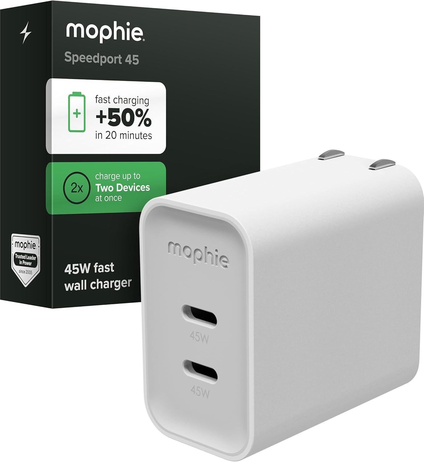 Mophie Speedport 45 GAN USB-C Charger Block - 45W Fast Wall Charger, 2× USB‑C PD Ports, Compact Foldable Prongs, Made with Recycled Materials, for Smartphones, Tablets, Headphones