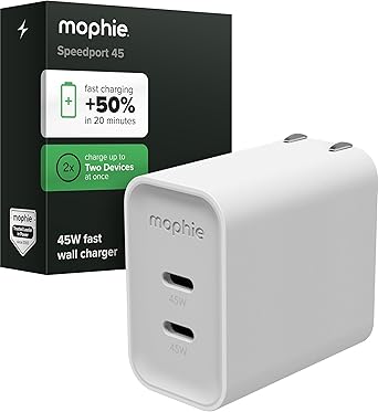 Mophie Speedport 45 GAN USB-C Charger Block - 45W Fast Wall Charger, 2 USBC PD Ports, Compact Foldable Prongs, Made with Recycled Materials, for Smartphones, Tablets, Headphones