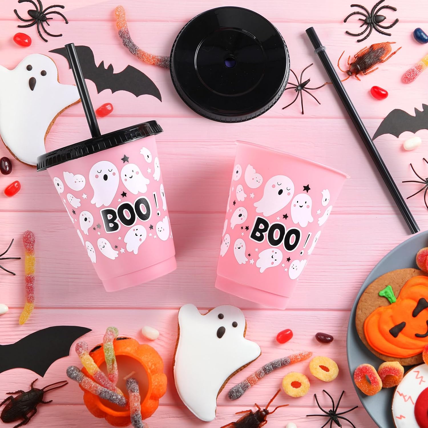 12 Pcs 16 oz Halloween Cups with Lids and Straws, Halloween Party Favors for Halloweenn Party Supplies, Hallowen Gifts Pink Boo Basket Stuffers for Women Men, Cute Boo Plastic Cups