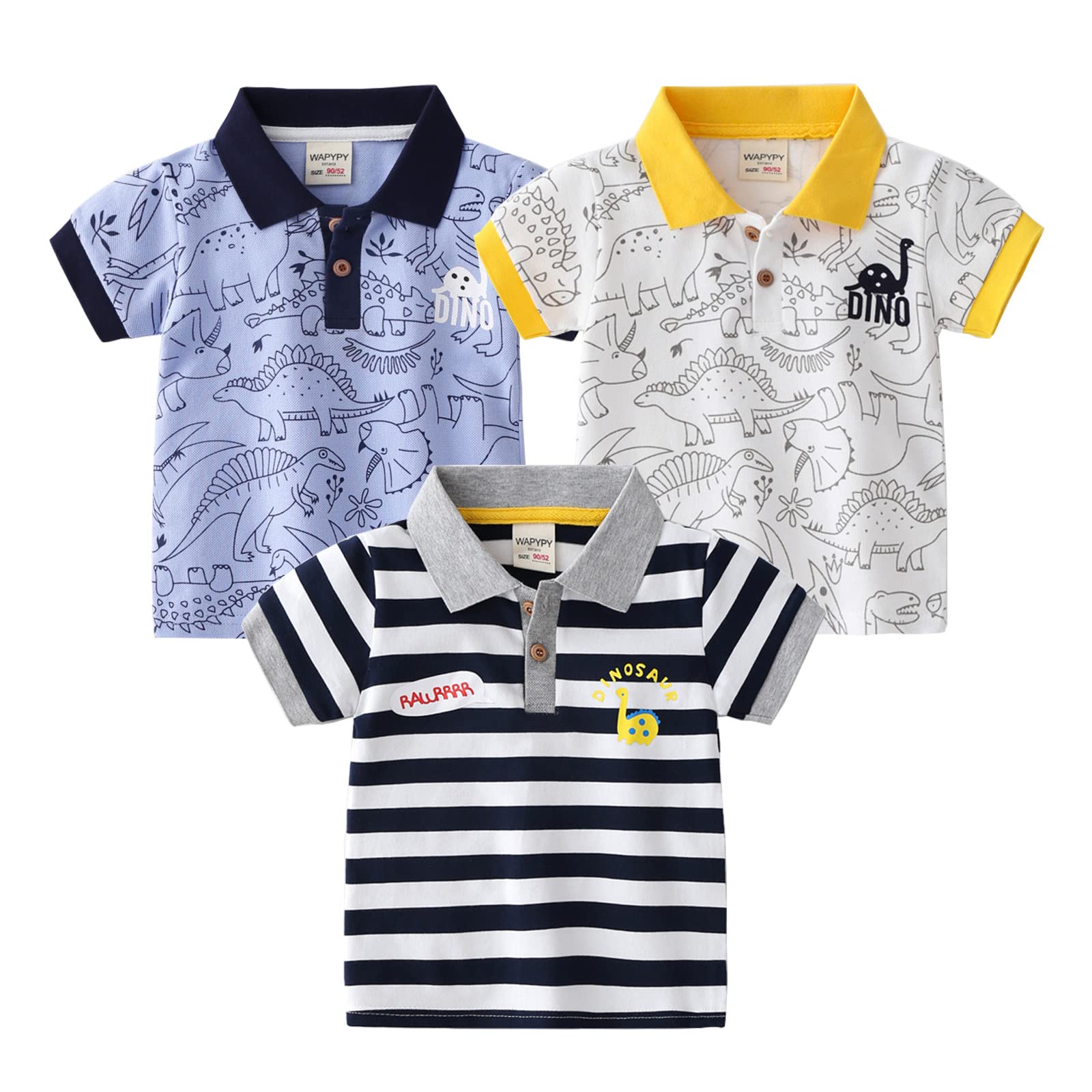 NautySaurs Camisetas de Polo para niños de 2 a 6 años con Dibujos Animados de Dinosaurios de 3 Paquetes de Camisetas de Manga Corta, Azul+Blanco+Raya