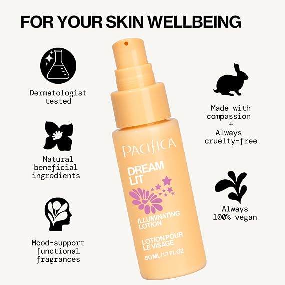 Pacifica Dreamlit Illuminating Facial Lotion Vitamin C & Niacinamide Brightening Moisturizer for Radiant Glow - Natural Dewy Finish Hydrates & Minimizes Pores - Lightweight Daily Face Cream, Vegan