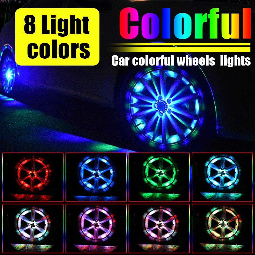 Chemini Car Wheel Tire Light Solar Energy Motion Sensors Hub Light With Wireless Remote Flashing Colorful Gas Nozzle LED Tire Cap Lights Waterproof 4Pack : Automotive