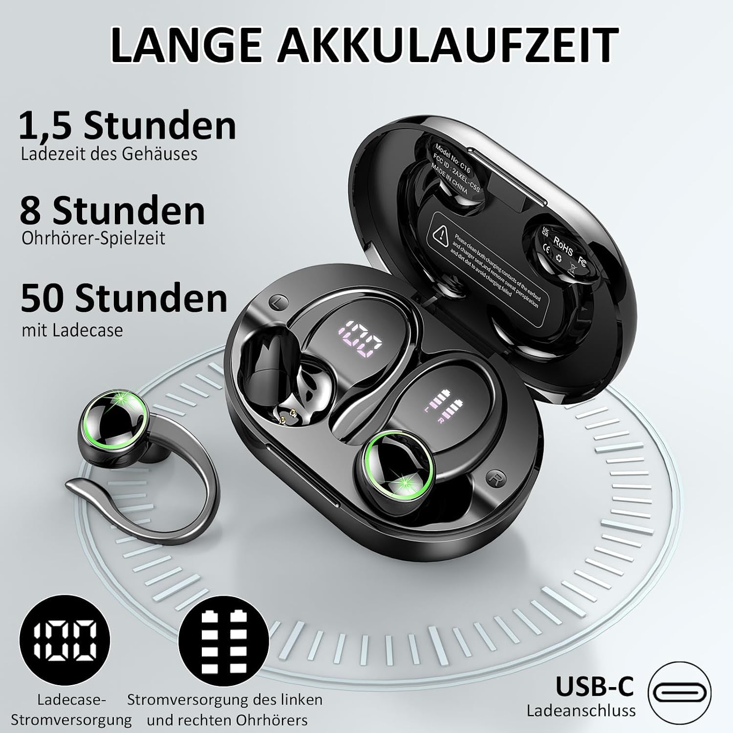 Bluetooth Kopfhörer, 2026 Kopfhörer Kabellos Bluetooth 5.4 Sport tiefer Bass, 56 std Spielzeit In Ear Kopfhörer mit 4 ENC Noise Cancelling Mic, IP7 Wasserdicht Ohrhörer LED-Anzeige für Arbeit, Studium