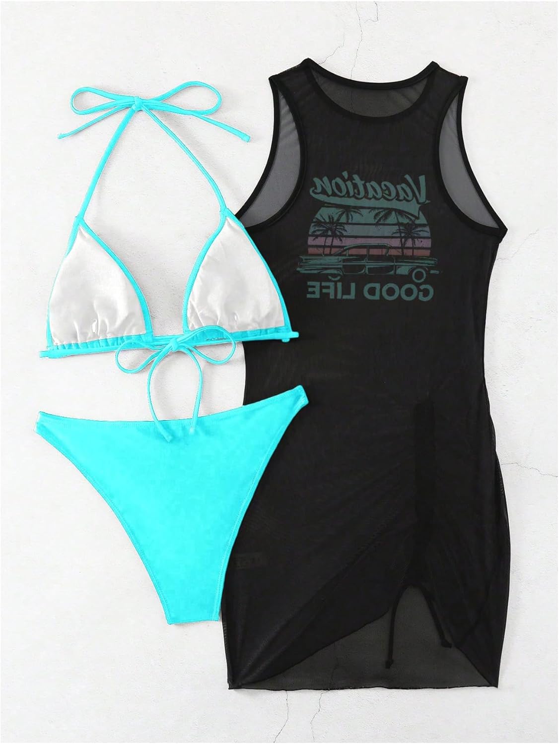 SHENHE Women's 3 Piece Swimsuits Triangle Halter Bikini Set with Cover Up Mesh Dress