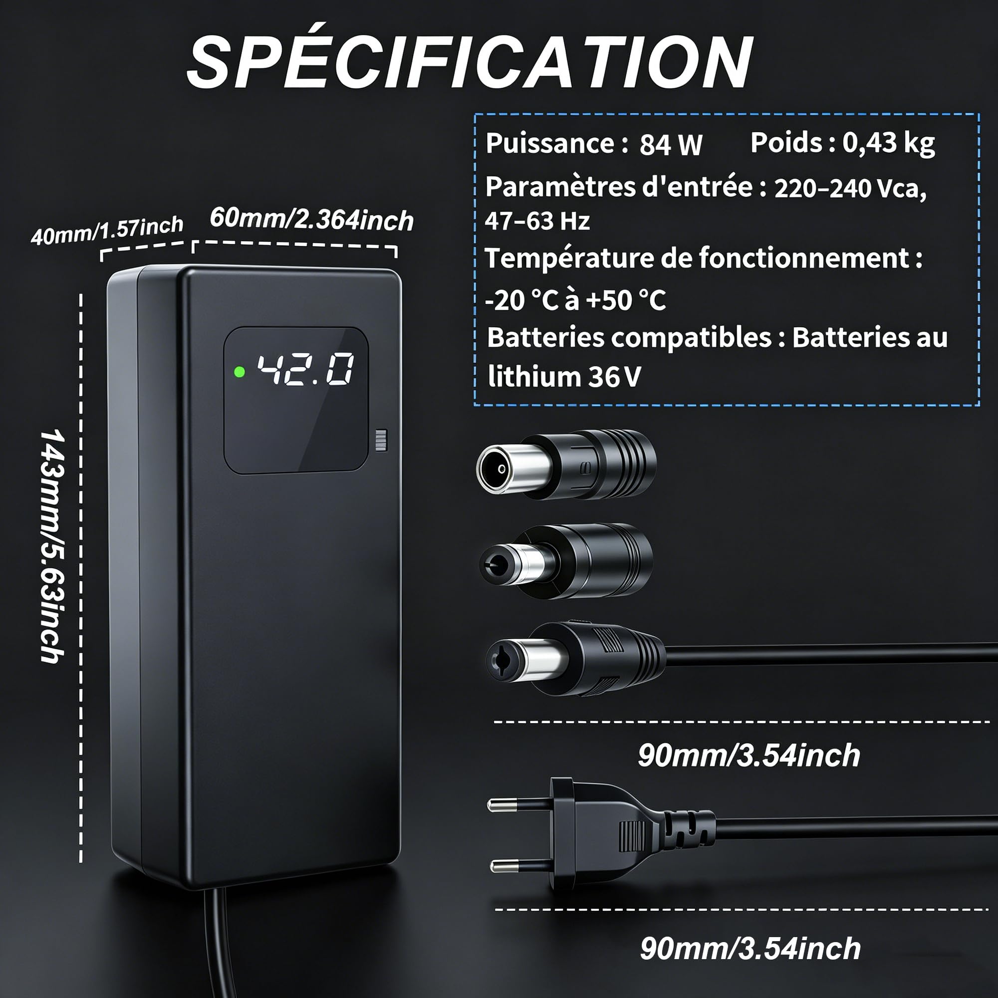 Chargeur 42V 2A pour Batterie Lithium 36V de vélo électrique | Affichage tension temps réel, ventilateur, protections multiples, connecteurs DC 5,5*2,5/2,1mm et RCA 8mm