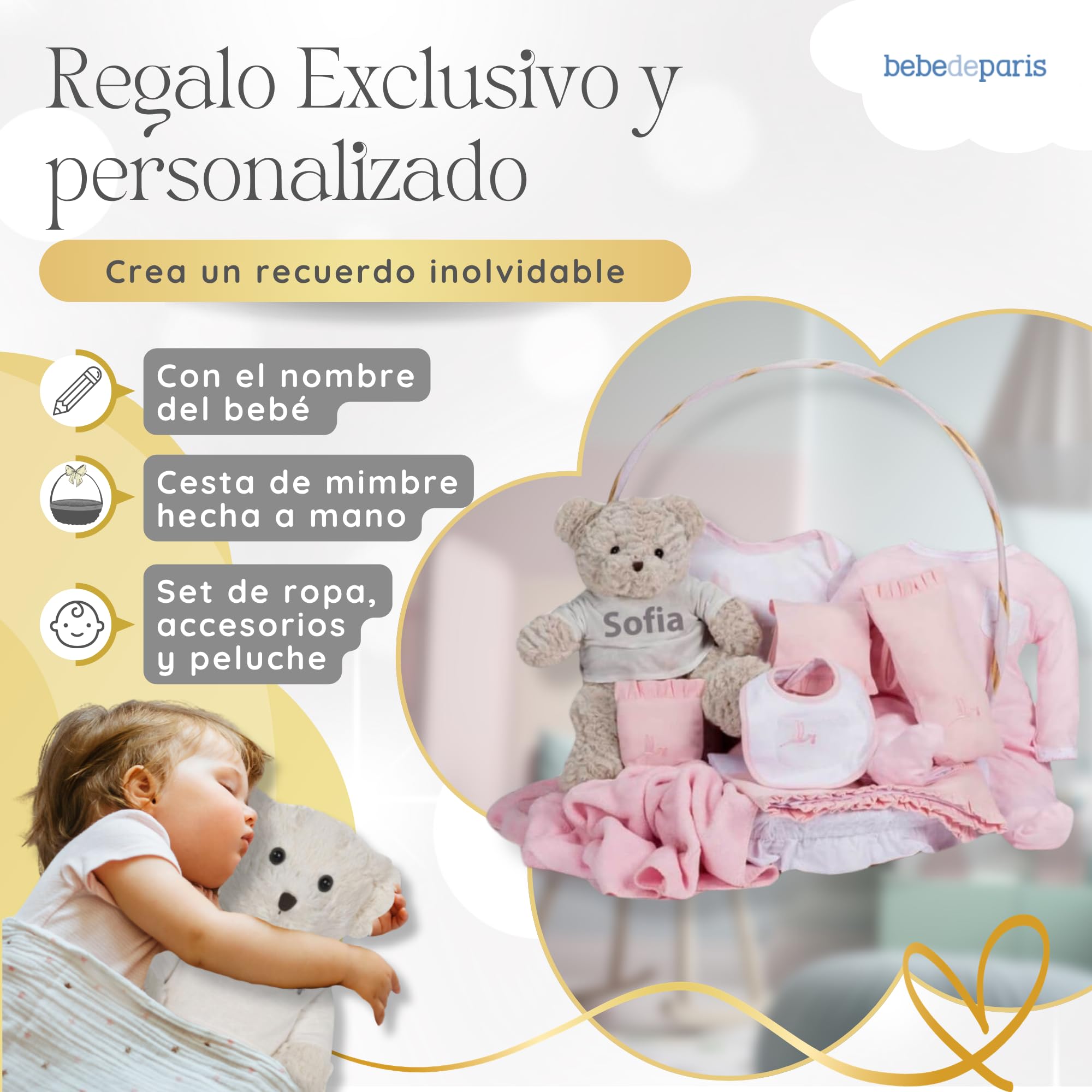 Regalos para Bebes Recien Nacidos Personalizados | Canastilla Bebé Clásica | Cesta de Regalo Bebé Personalizada | 3 a 6 Meses (Rosa) | BebeDeParis