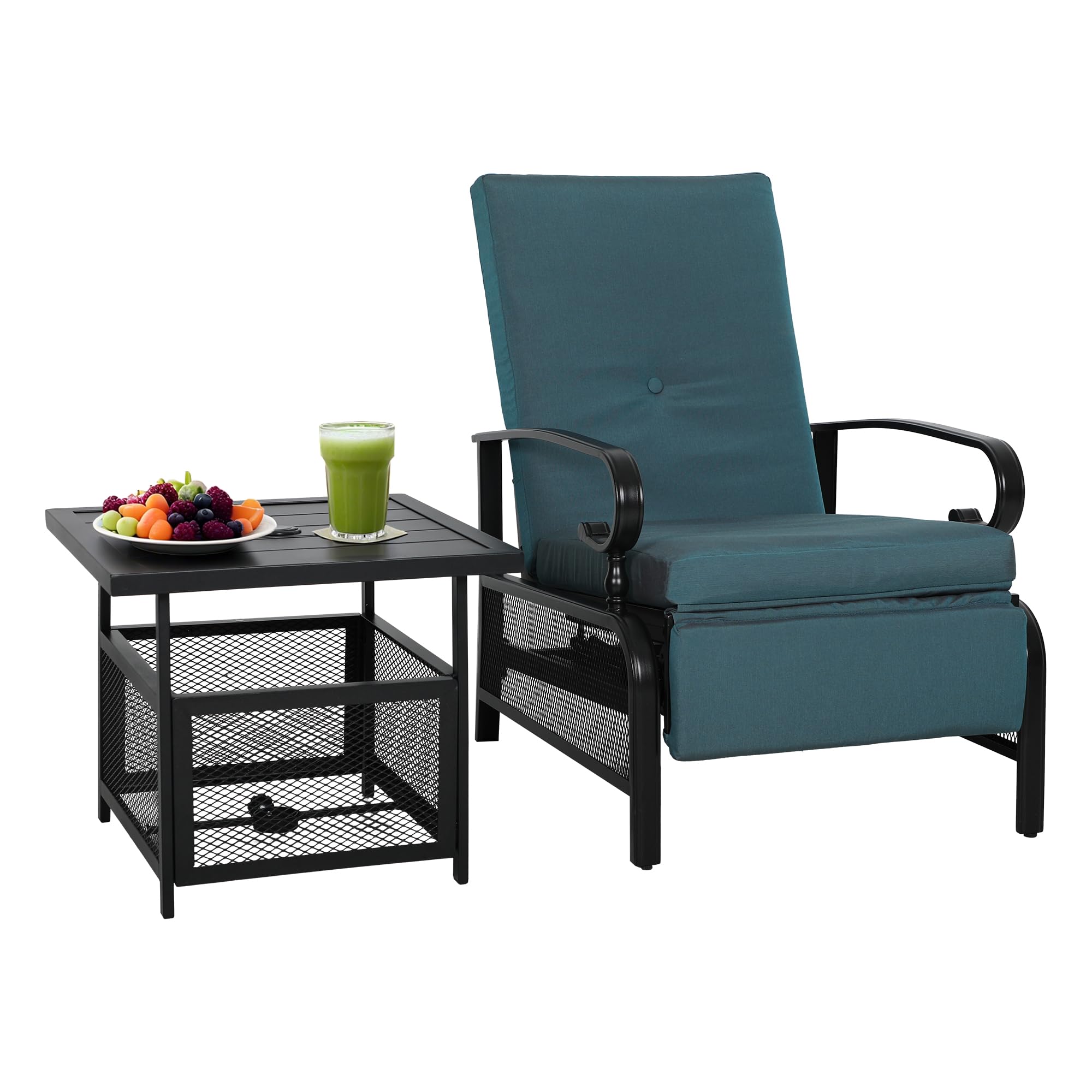 Incbruce 2 Pieces Outdoor Lounge Recliner Set, Adjustable Metal Recliner Sofa Chair and Umbrella Stand Side Square Table Suitable for Garden, Pool,