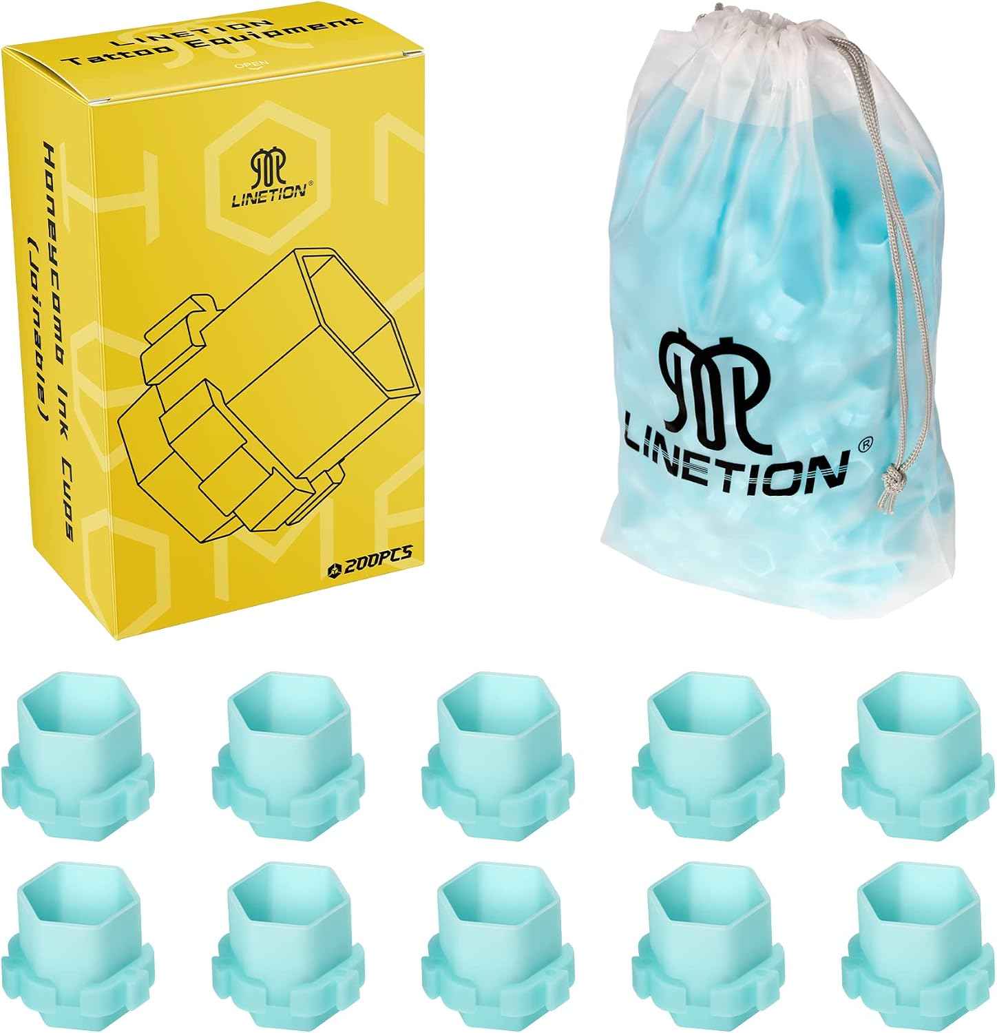 Tattoo Ink Caps Cup for Tattooing Honeycomb Shape Spliceable Anti-Rollover Spill,Eco-Friendly Non Fade Material,Large Inner Size 0.63 * 0.75 inch(W*H),200pcs Pack (Mix Color)