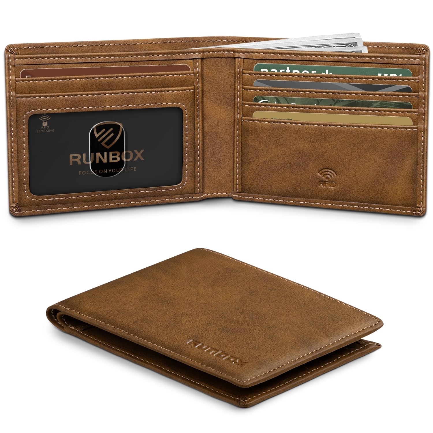 RUNBOX Wallet for Men Slim Leather Bifold RFID Blocking Minimalist Front Pocket Design with Gift Box