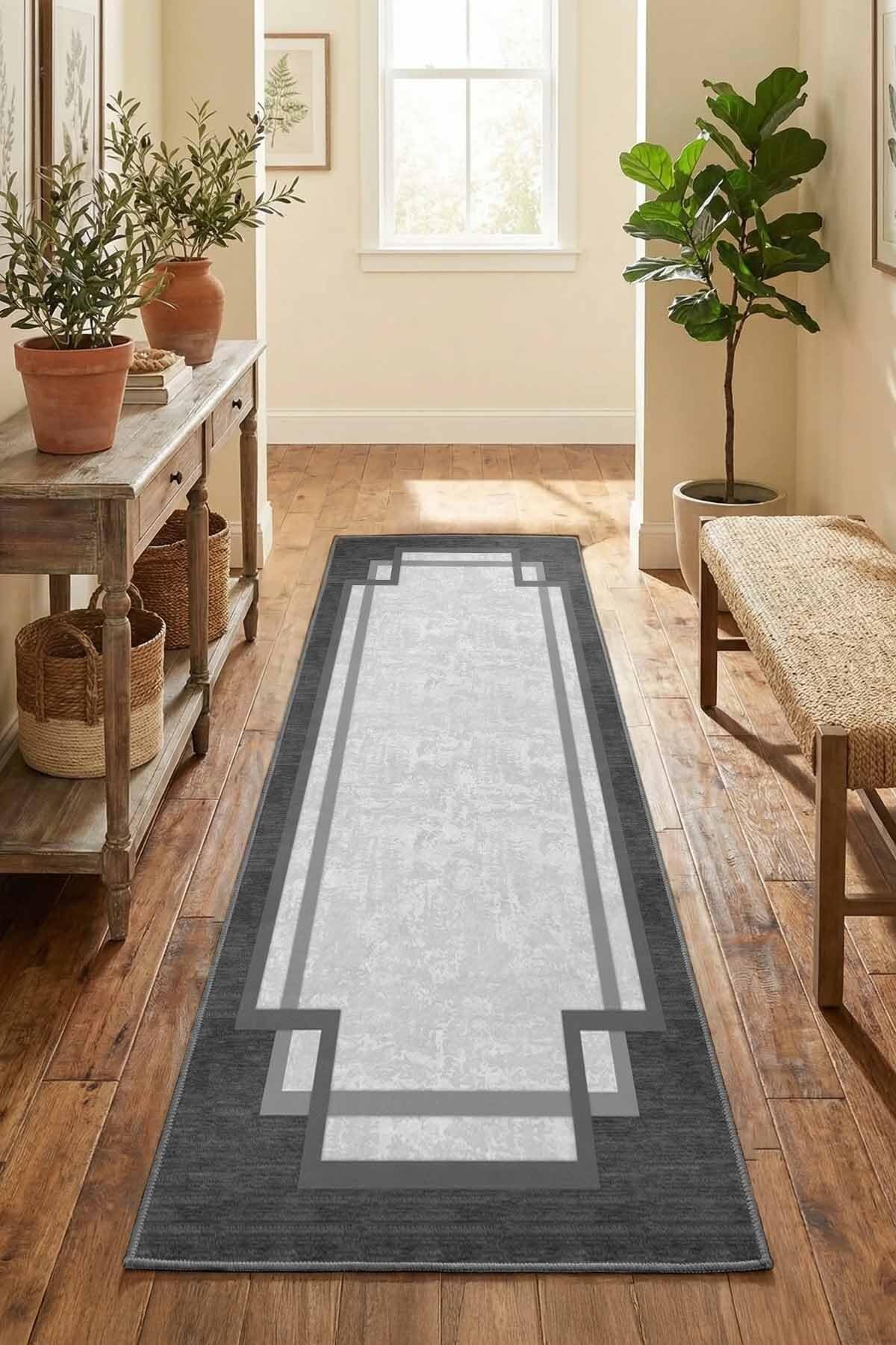 Monnhein Antrasit Yolluk 1249-2 - Yıkanabilir, Kaymaz Taban, Dijital Baskılı, Leke Tutmaz, İnce Hav, Modern Koridor, Mutfak, Antre ve Salon için Dekoratif Yolluk