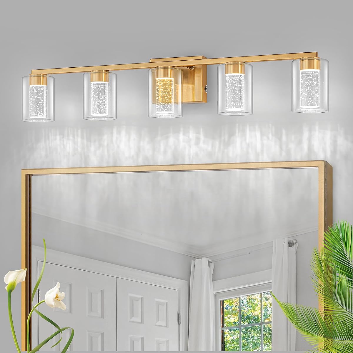 SineRise 5-Light Gold Vanity Light, Dimmable LED Fixture with 3 Color Modes,