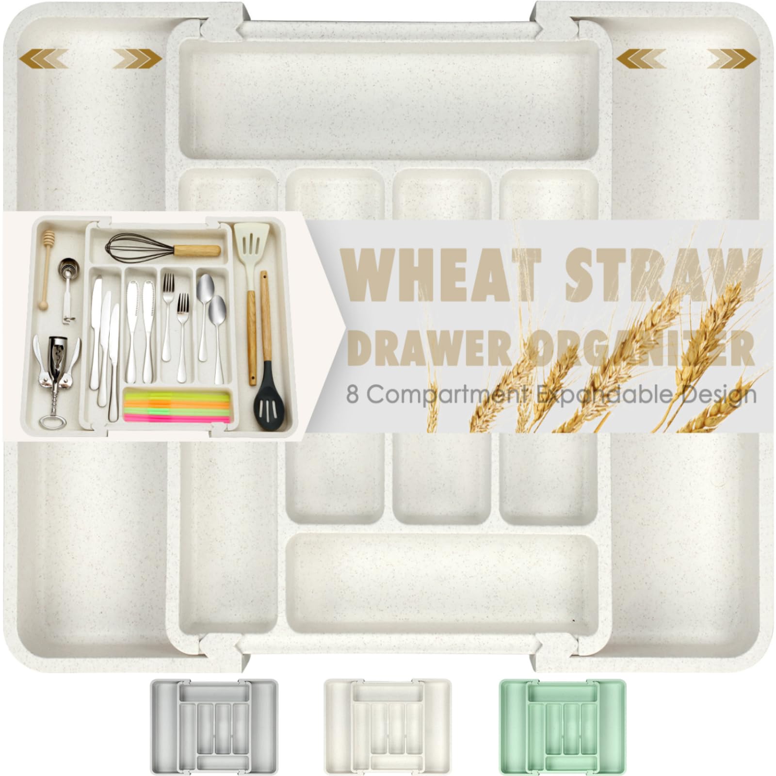FANCILLA Organizador de cubiertos de paja de trigo para cajones de cocina, organizador de cajones de utensilios de cocina, organizador de cajones de cubiertos ajustable, bandeja apta para lavavajillas