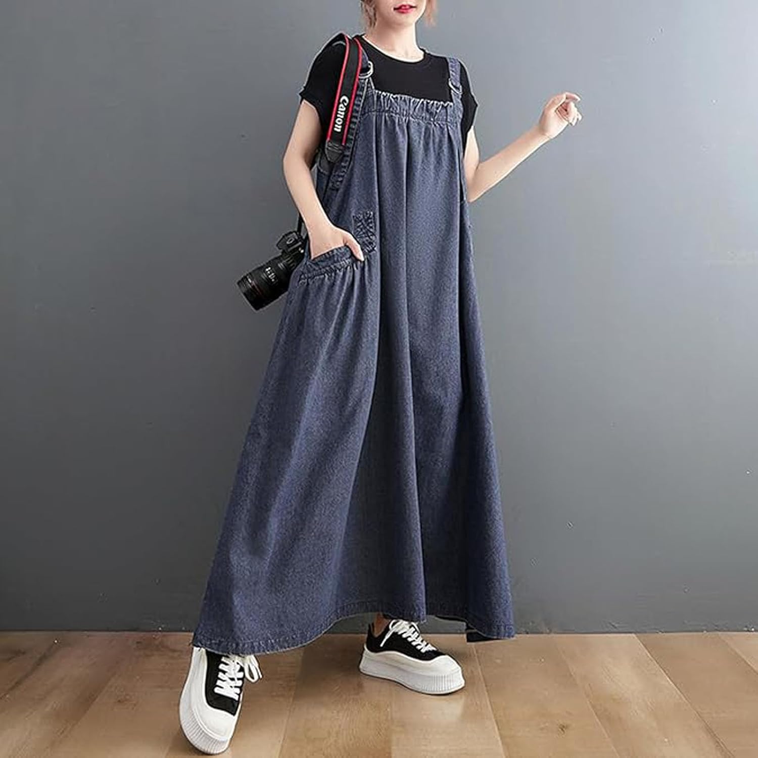 Women's Denim Jumper Dress Loose Baggy Maxi Adjustable Strap Wide Hem Oversize Long Jean Overalls - Image 2