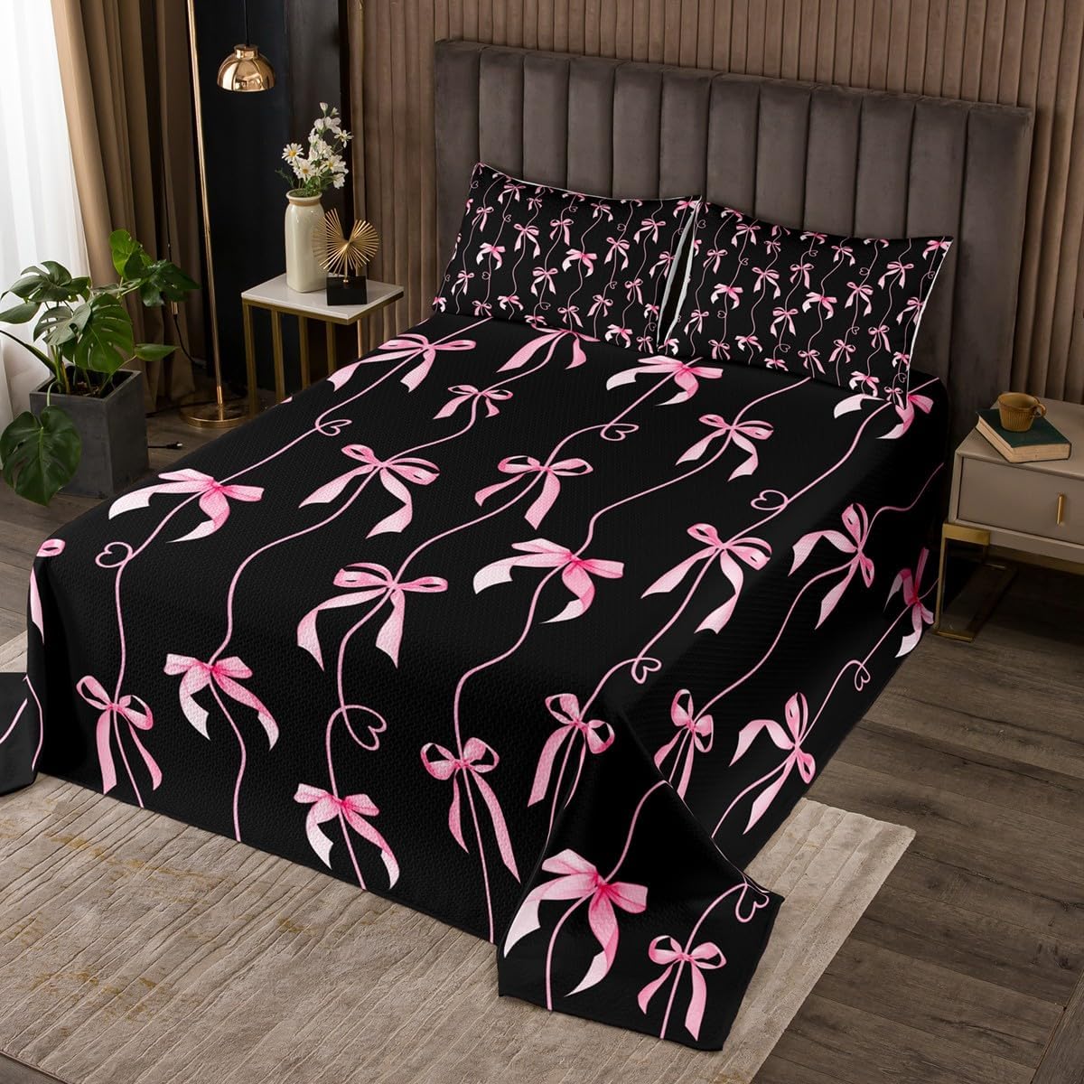 jejeloiu Black Pink Bow Coverlet Set for Girls Boys Kids Twin Size Cute Bow-tie Quilted Coverlet Room Decor Bowknot Girly Dreamy Princess Heart Love Bedspread