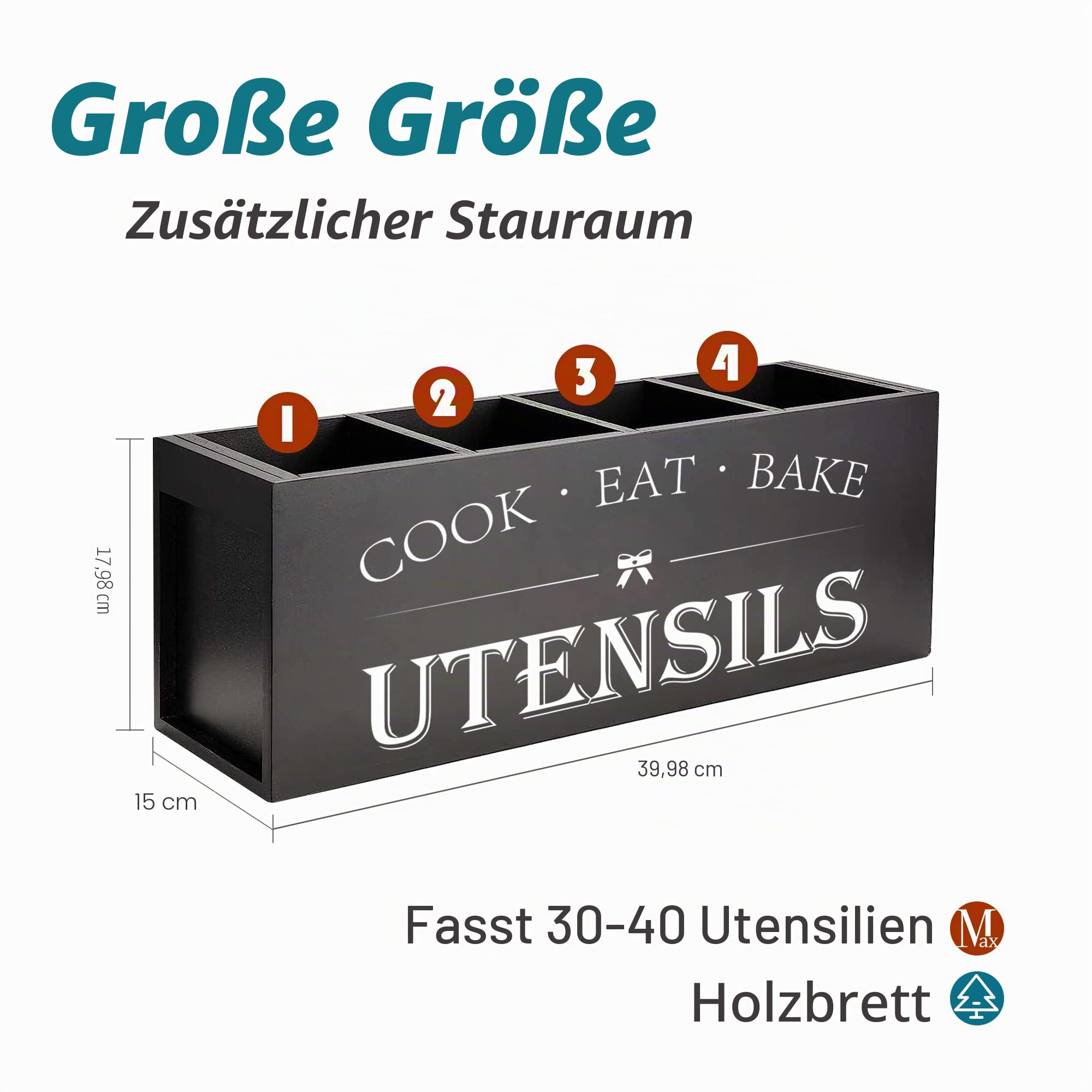 Suli Upgrade Extra großer Küchenutensilienhalter mit 4 Fächern, Holz-Utensilien-Organizer für Küchenarbeitsplatte, Bauernhaus-Küchendekoration, rustikale Kochutensilien – Schwarz