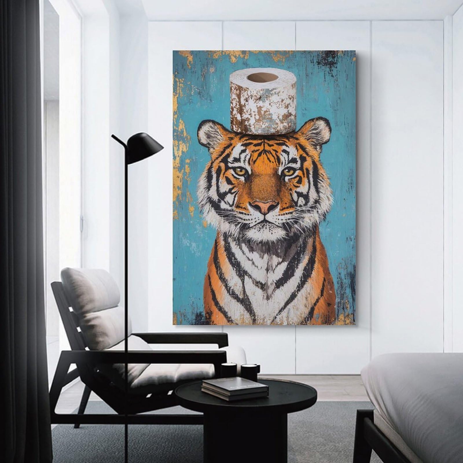 Junmoney Tiger with Toilet Paper Roll Hat Wall Picture Print, 24x36inch(60x90cm), for Flats, Guest Rooms Or Compact Rooms, Decorative Canvas Decor for Home Updates