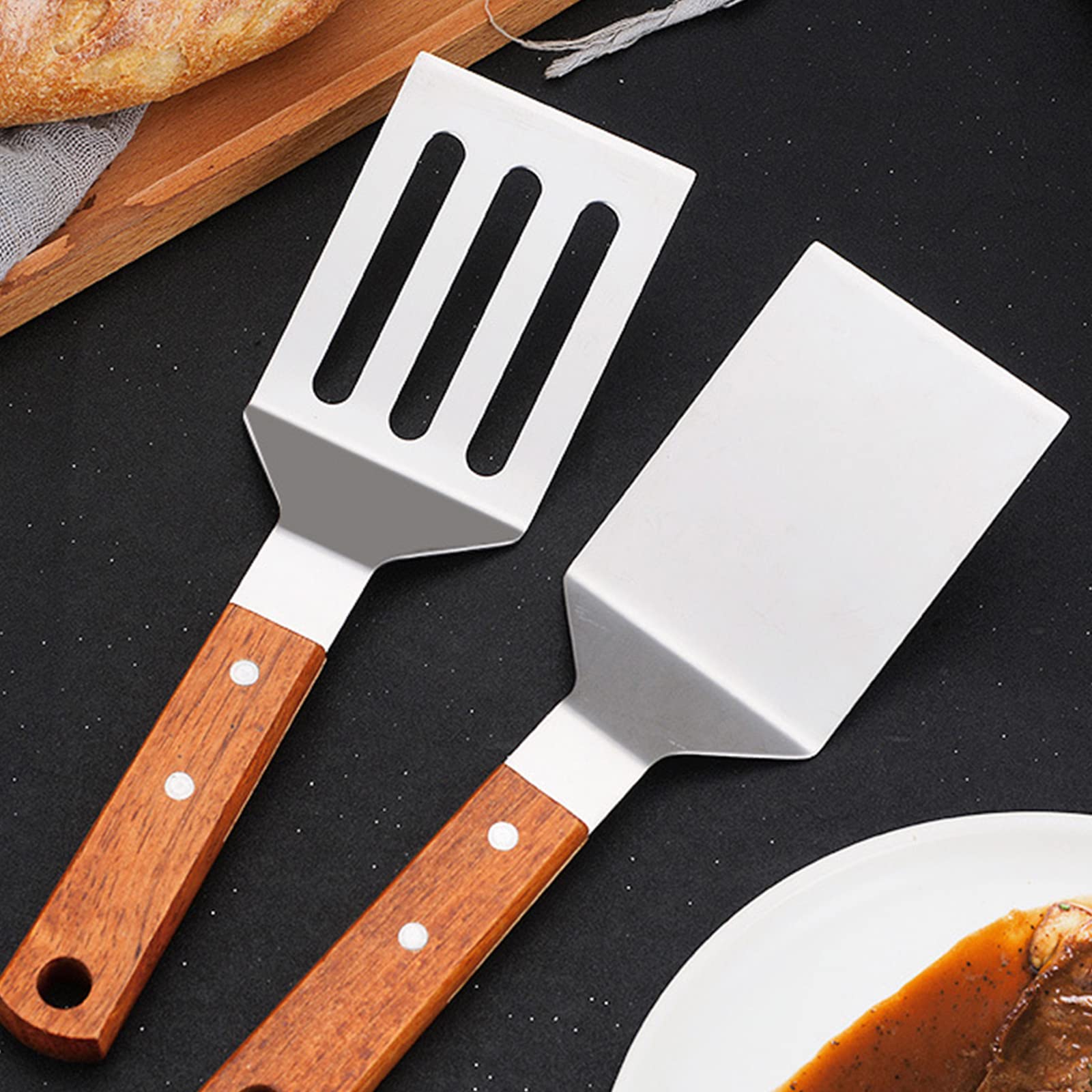 Pfannenwender-Set Aus Edelstahl – 2-teilig, Mit Holzgriff, Glatt & Gelocht, Hitzebeständig Bis 426°C