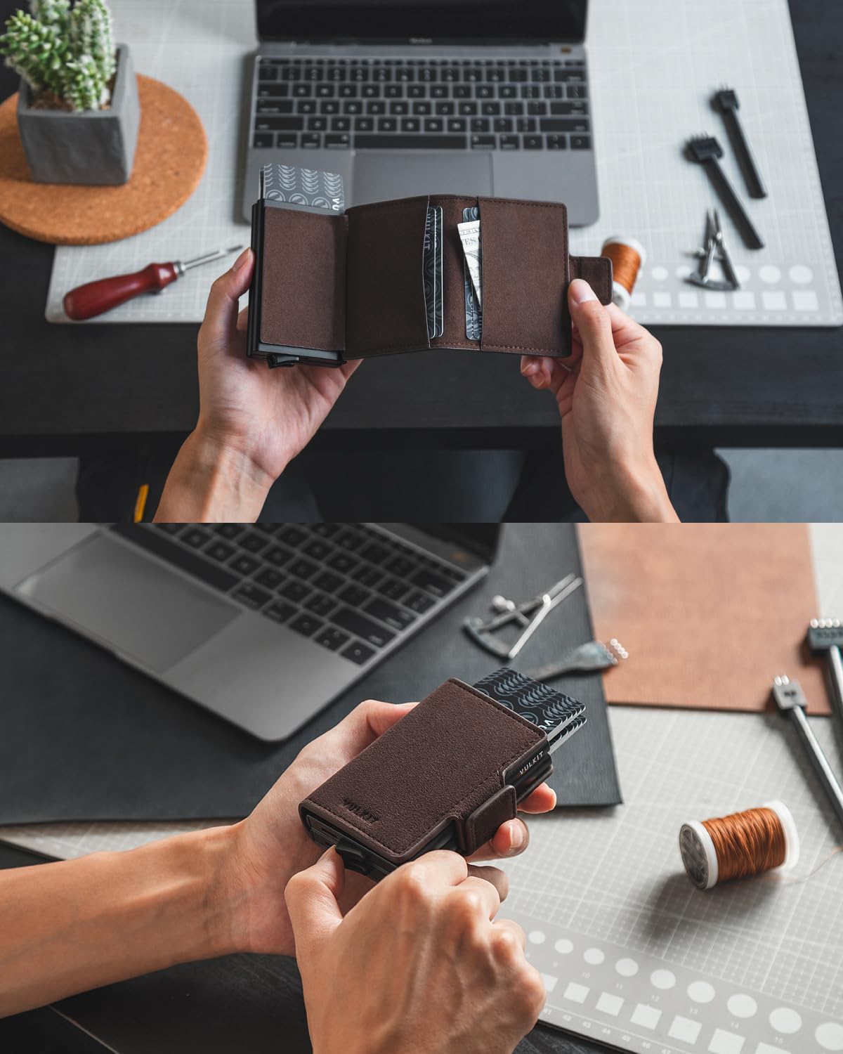 VULKIT Credit Card Holder RFID Blocking Leather Automatic Pop Up Wallet Magnetic Wallet Double Card Case for Men and Women - Image 4