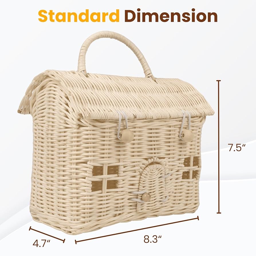 Rattan House Shaped Basket With Lid With Folding Handle For Picnics, Easter, Organizing, Storage | PH