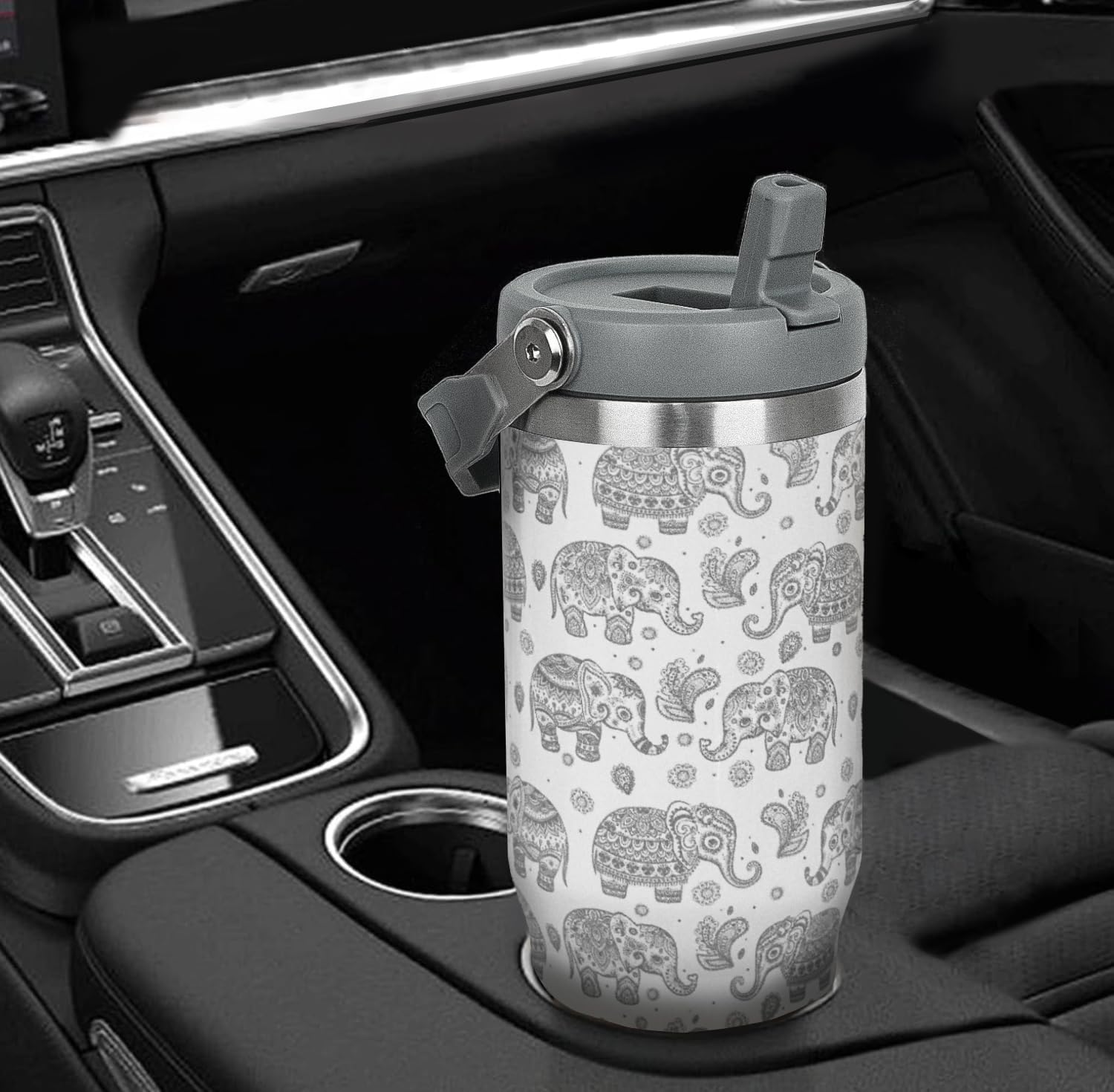Elephant Tumbler with Handle and Flip Straw Gray Elephant Cup Insulated Leak Proof Coffee Travel Mug Water Bottle Elephants Gifts for Women Christmas Mothers Day Birthday-30 oz(1PCS) - Image 8