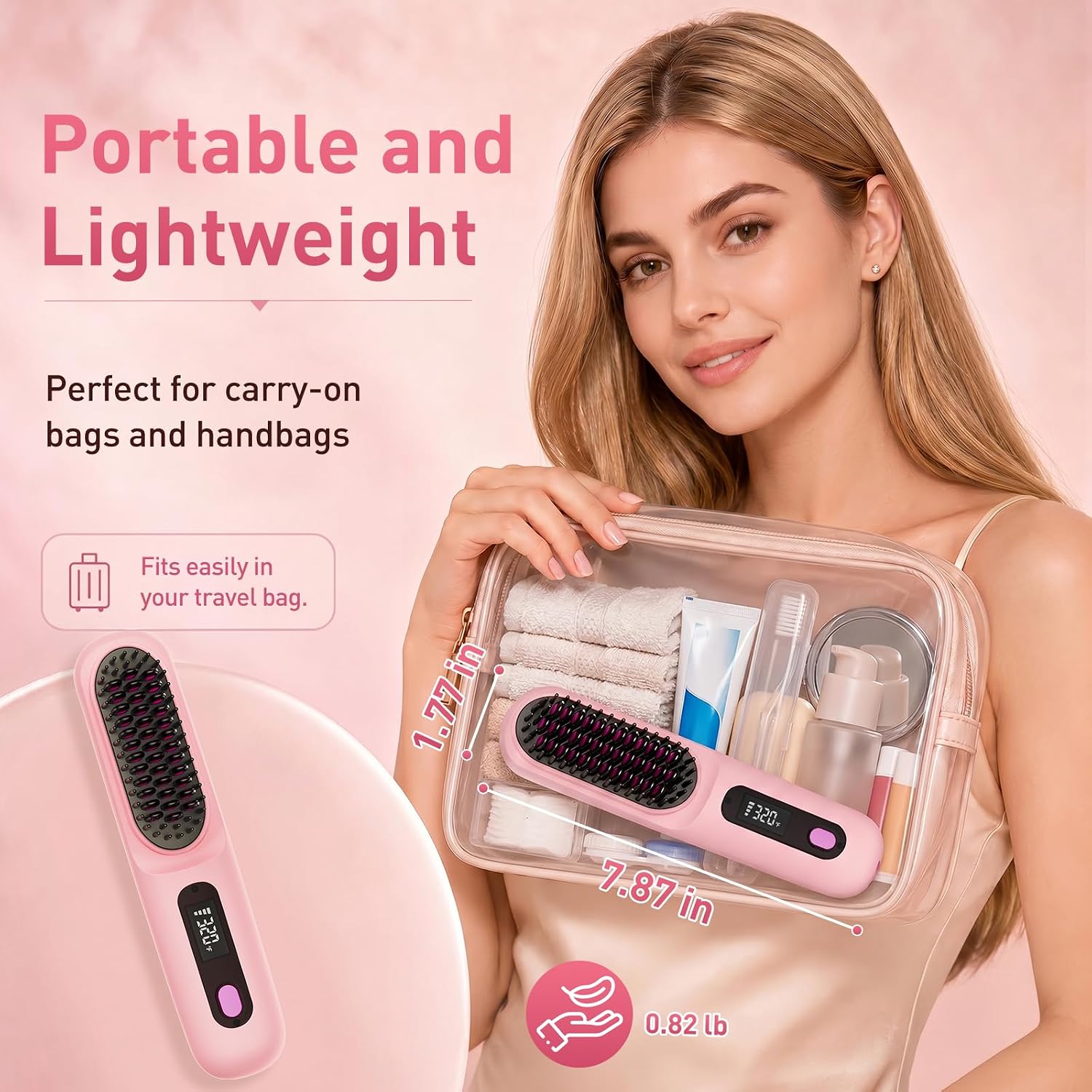 Go Brush Pro Hair Straightener Brush, 2026 Upgraded Cordless Straightening Brush, MCH Fast Heating, 3 Temp Settings, 4000mAh Type-C Rechargeable Portable Travel Styling Tool (Pink)