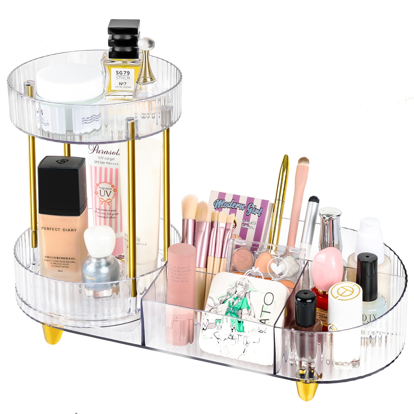 MOXYOY Makeup Organiser, 360° Rotating Compartment 2 In 1 Cosmetic Storage, perfume Organizers, Skincare Storage for Vanity, Bathroom,Bedroom (Clear)