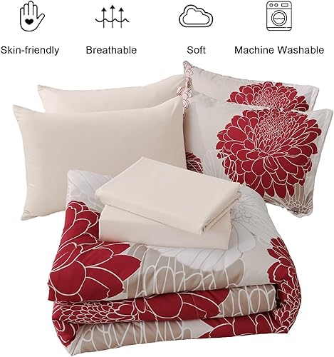 Miniatura 6 de Yiran Juego de edredón de 7 piezas tamaño Queen con estampado floral rojo en una bolsa, juego de ropa de cama de microfibra suave de 90 x 90
