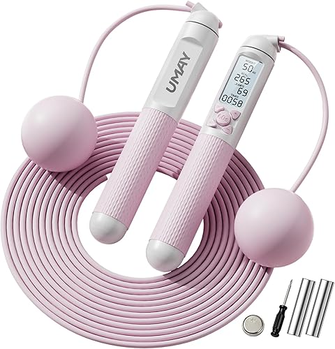 UMAY Weighted Cordless Jump Rope, Adjustable Length Ropes Ropeless with LCD Counter Display for Women Kids, Smart Skipping Rope with Ball for Burn